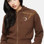 Abellona Waffle Embroidered Cropped Zip Up Hoodie