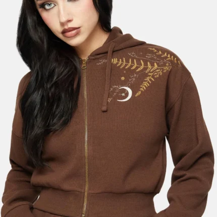 Abellona Waffle Embroidered Cropped Zip Up Hoodie