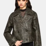 Fleux Embroidered Cropped Faux Leather Trench Jacket