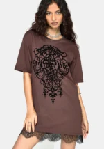 Leucosia Lace Trim Graphic T Shirt Dress