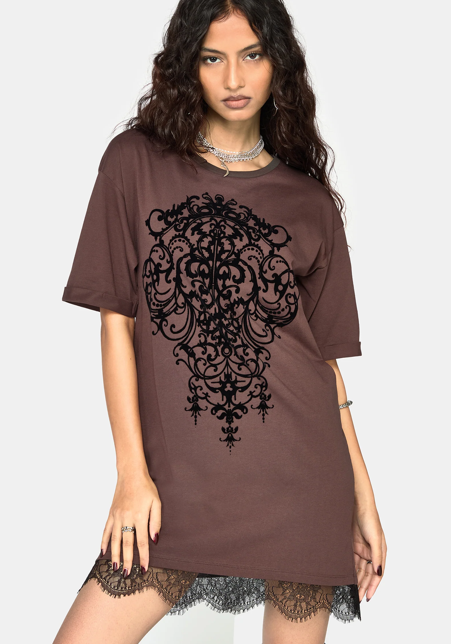 Leucosia Lace Trim Graphic T Shirt Dress Leucosia Lace Trim Graphic T Shirt Dress