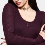 Lucera Long Sleeve Pointelle Scoop Neck Top Burgundy