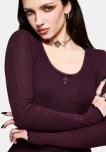 Lucera Long Sleeve Pointelle Scoop Neck Top Burgundy