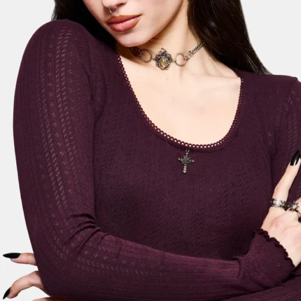 Lucera Long Sleeve Pointelle Scoop Neck Top Burgundy