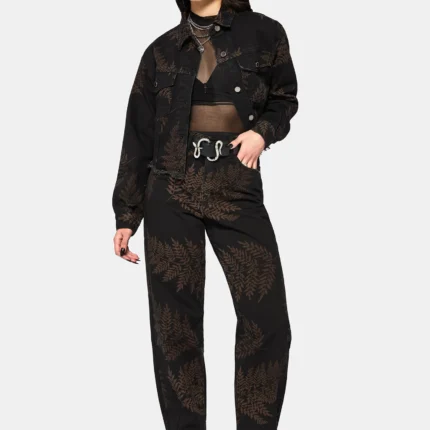 Ruin Fern Printed Barrel Leg Denim Jeans f