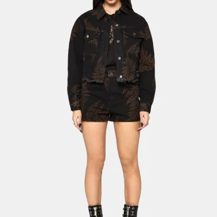 Ruin Fern Printed Distressed Denim Jacket g