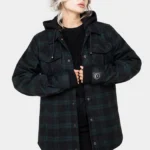 Trellis Hooded Pocket Wool Blend Check Shacket
