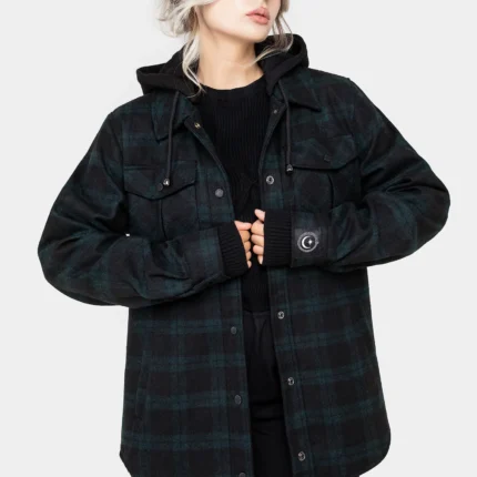 Trellis Hooded Pocket Wool Blend Check Shacket