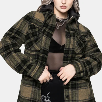 Trellis Lightweight Hooded Pocket Check Shacket Green