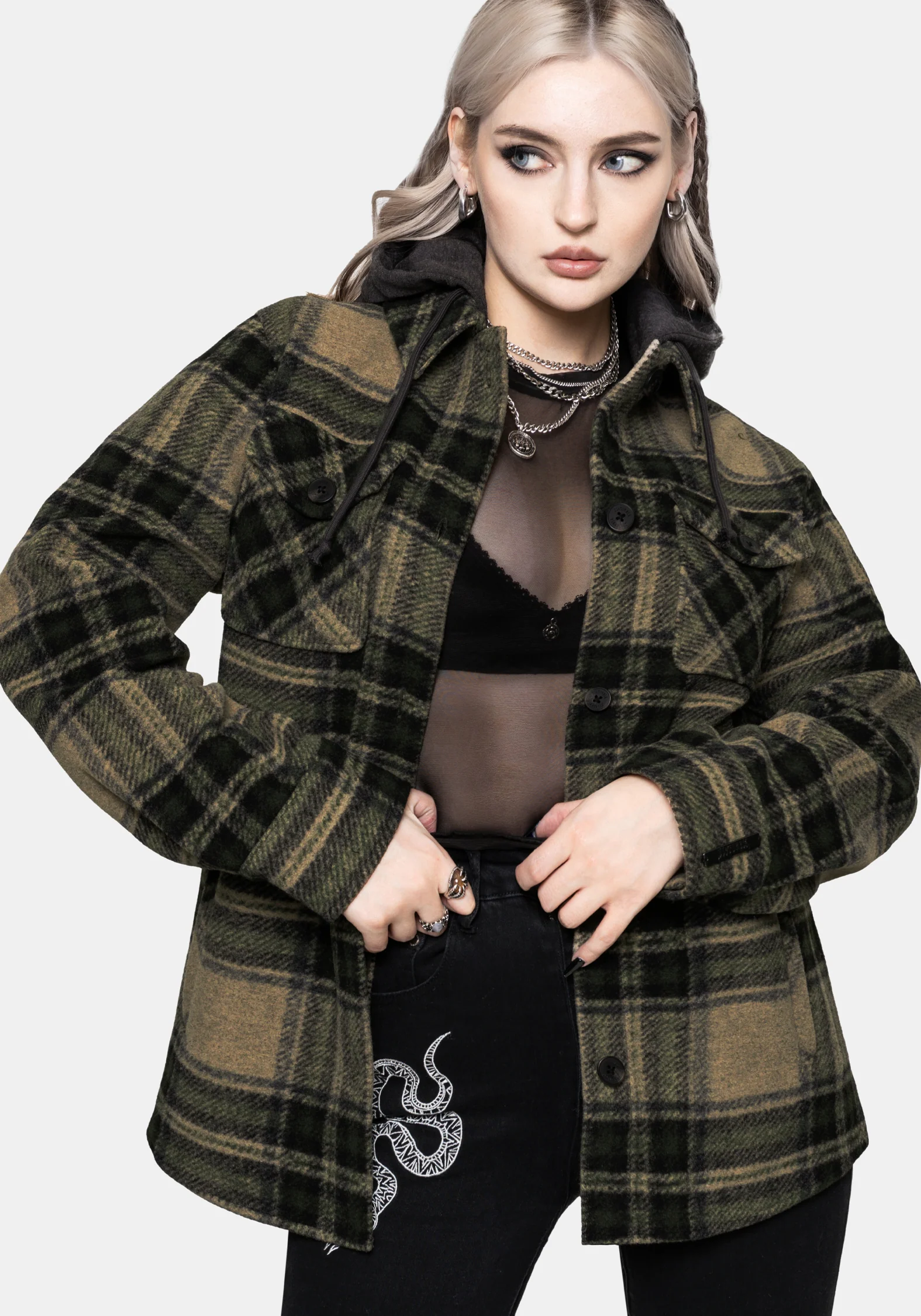 Trellis Lightweight Hooded Pocket Check Shacket Green Trellis Lightweight Hooded Pocket Check Shacket Green